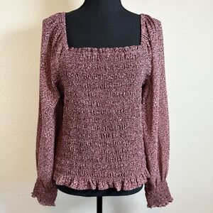 NEW Madewell Smocked‎ Floral Square Neck Long Sleeve Top Burgundy Pink L Cottage
